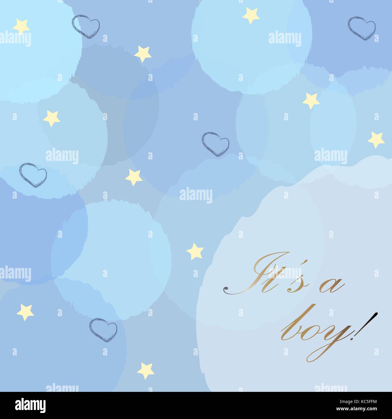 Baby Geburt Ansage mit blauen Blasen, Sterne und Herzen auf moderne bubbly Hintergrund. Stock Vektor