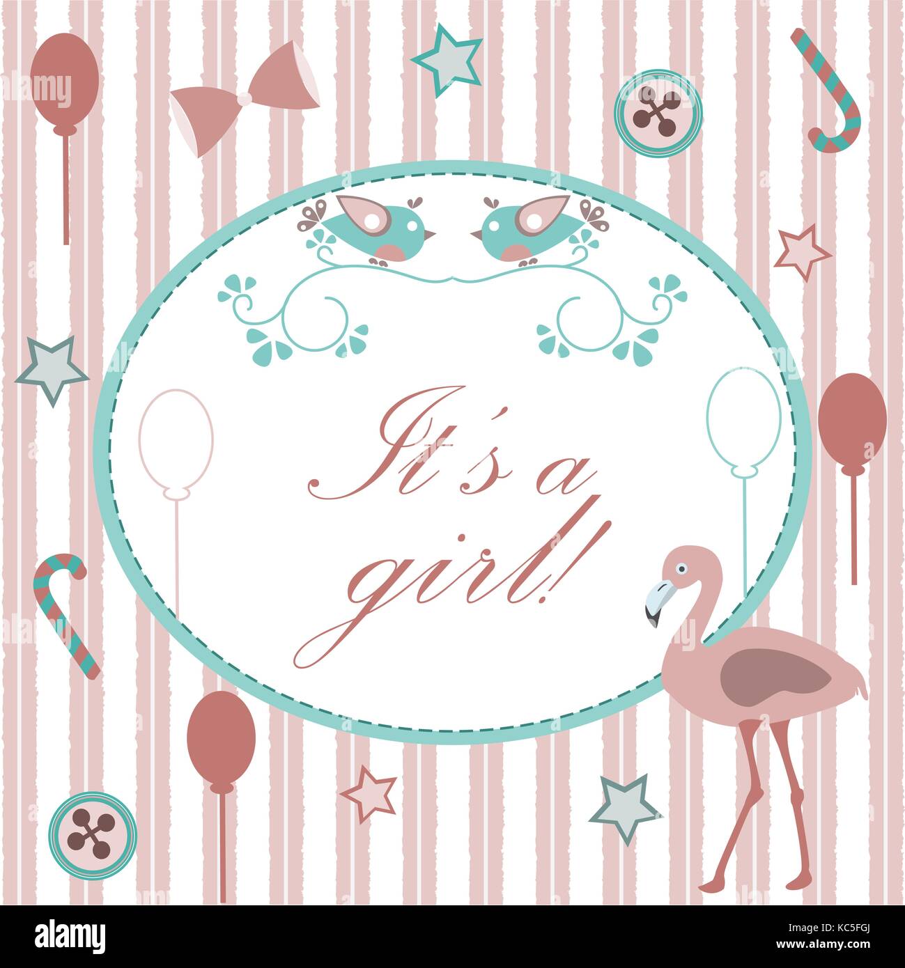 Baby Mädchen Geburt Ansage. Baby-dusche-Einladung Karte. Niedliche rosa Flamingo Vogel verkündet die Ankunft eines Babys, Mädchen. Retro-Design. Rosa Hinterg Stock Vektor