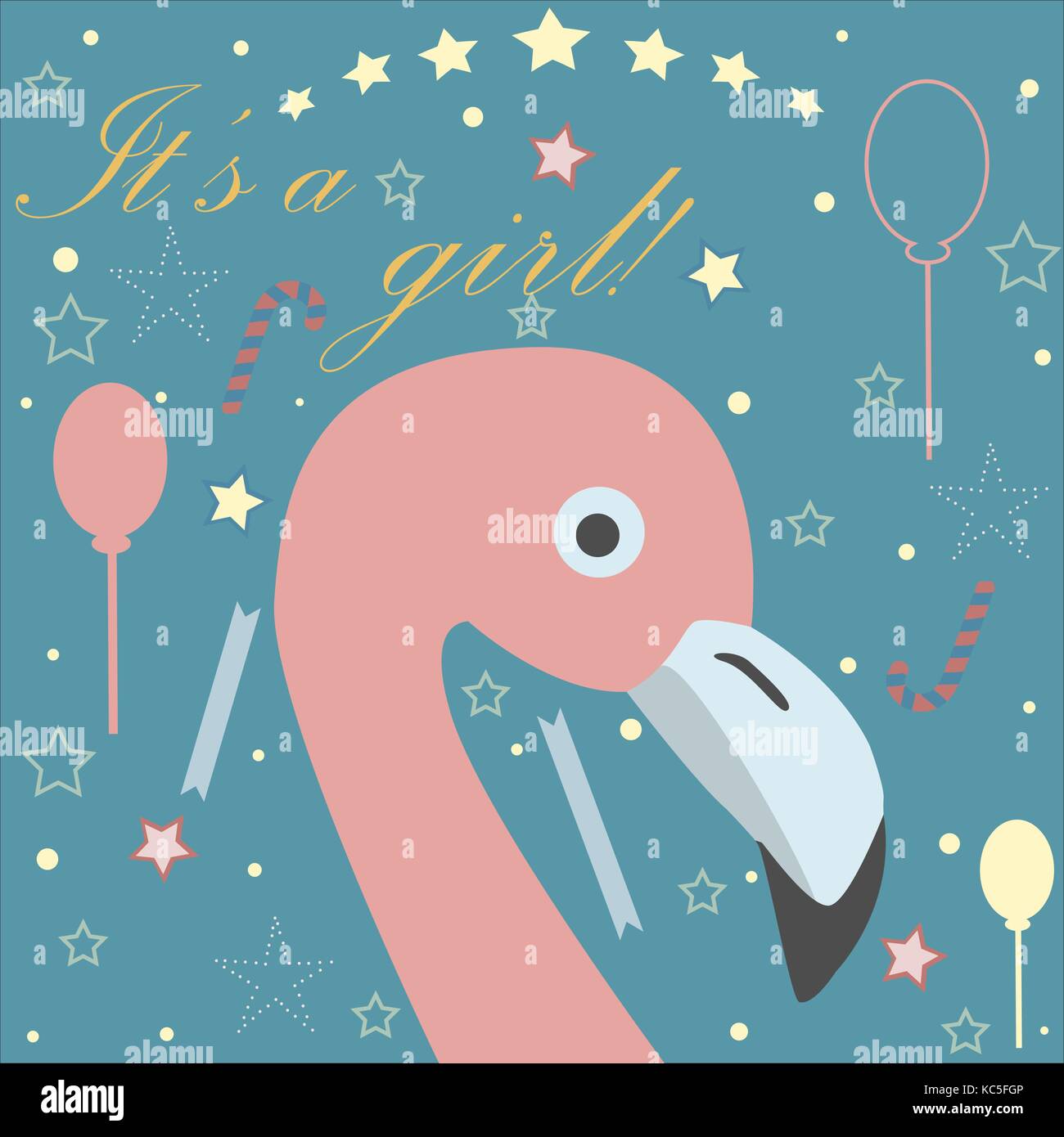 Baby Madchen Geburt Ansage Baby Dusche Einladung Karte Niedliche Rosa Flamingo Vogel Verkundet Die Ankunft Eines Babys Madchen Retro Design Blau Hinterg Stock Vektorgrafik Alamy