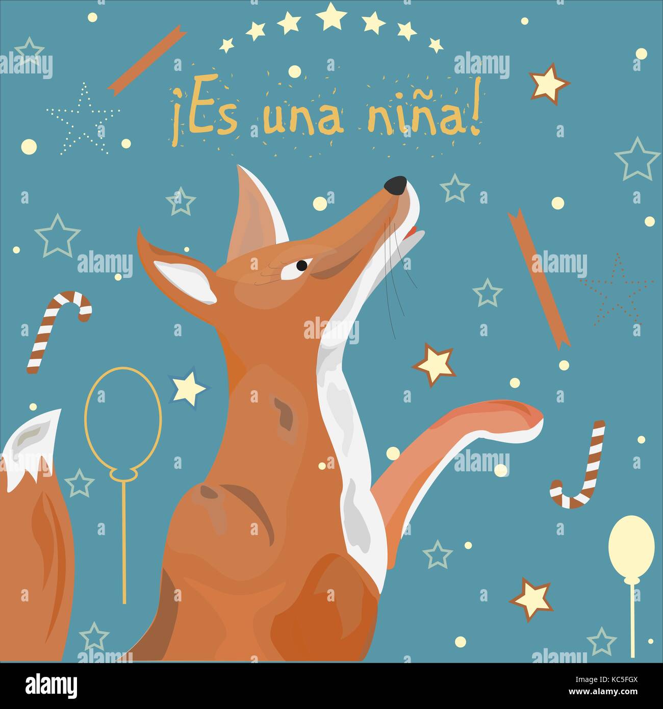'Es una Nina" bedeutet "Es ist ein Mädchen" in Spanischer Sprache. Baby Mädchen Geburt Ansage. Cute Fox verkündet die Ankunft eines Babys, Mädchen. Vektor Illustratio Stock Vektor
