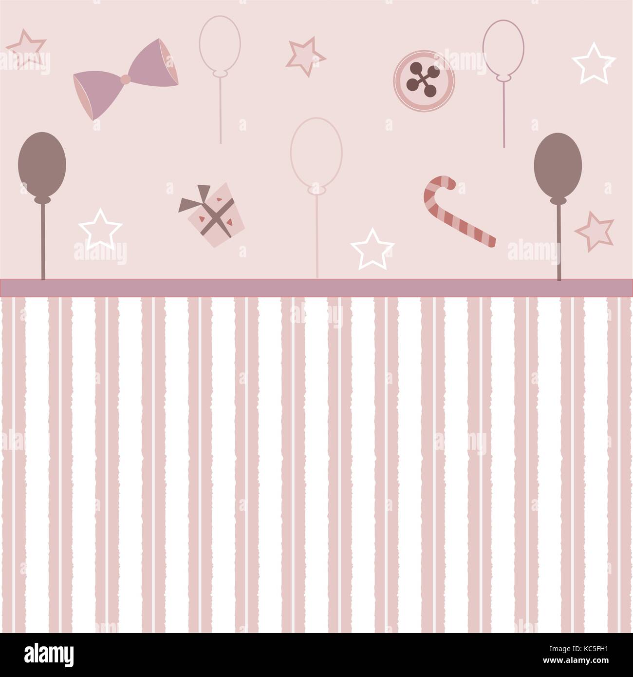Cute mädchenhafte Frame in Rosa mit festlichen Ballons, Bug, Geschenk, Süßigkeiten und Sterne. Vector Illustration Stock Vektor