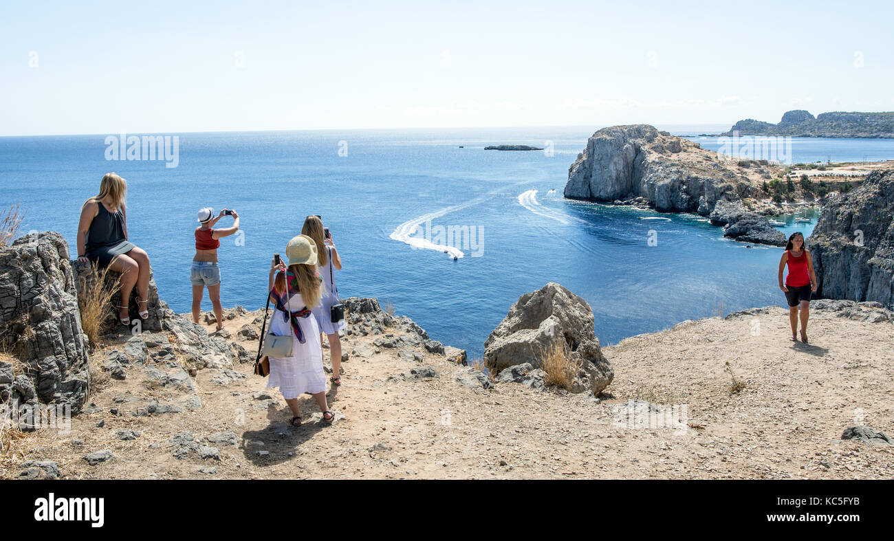 Blick über die Ägäis von Lindos Akropolis Rhodos Griechische Inseln Stockfoto