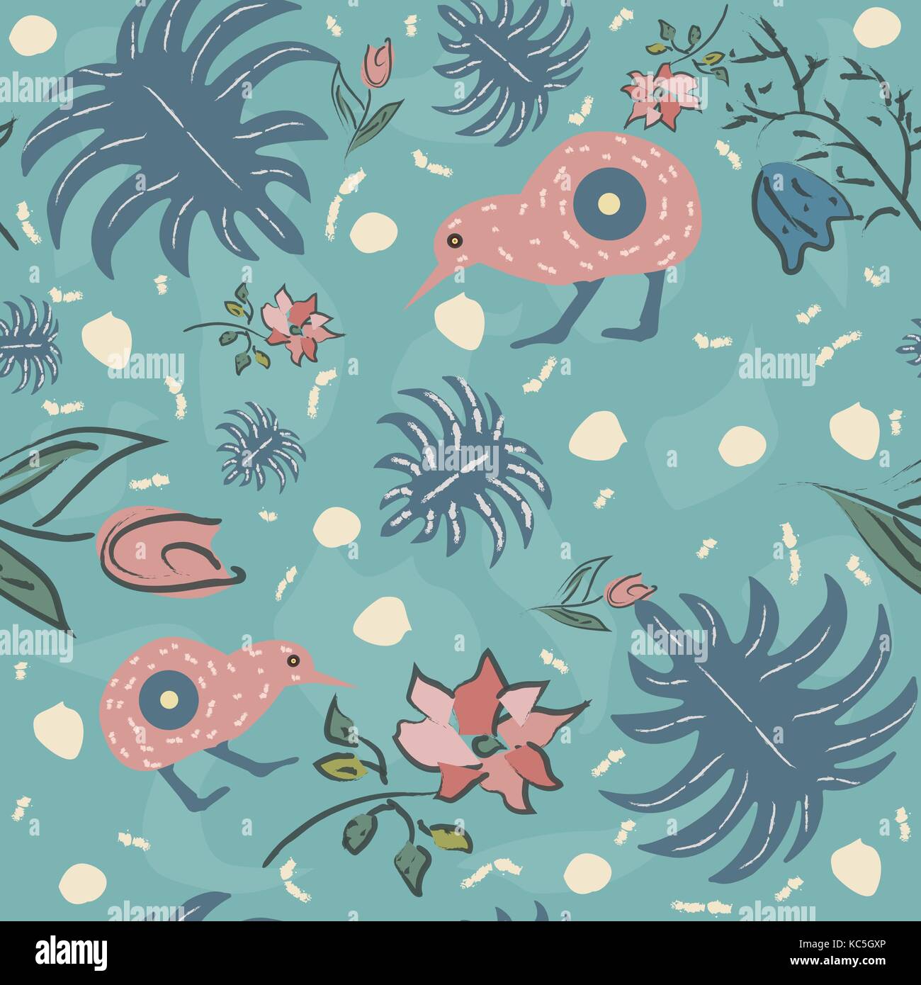 Nahtlose florales Muster mit exotischen Kiwi Vogel. Hand gezeichnet. Vector Illustration Stock Vektor
