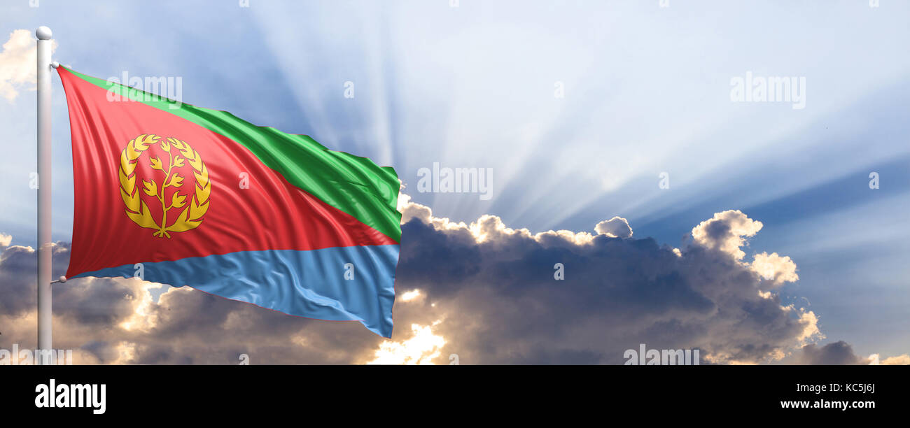 Eritrea wehende Flagge auf blauen Himmel. 3D-Darstellung Stockfoto