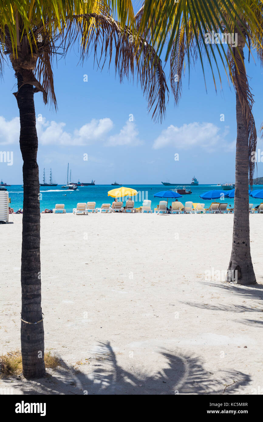 Strand und Pam Bäume in Philipsburg, St. Maarten Stockfoto