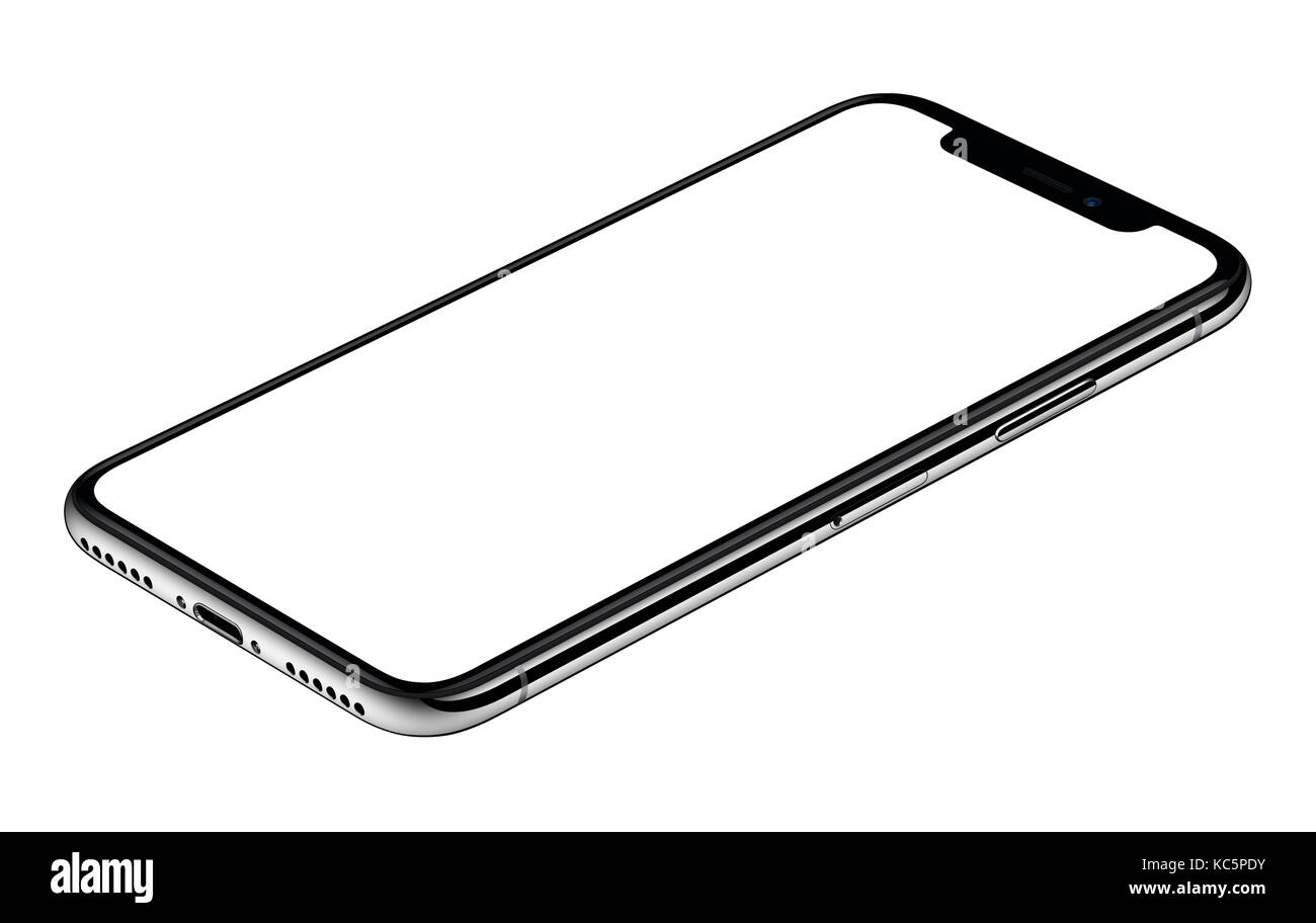 Smartphone mockup ähnlich iPhone X CW gedreht liegt auf der Oberfläche auf weißem Hintergrund Stockfoto
