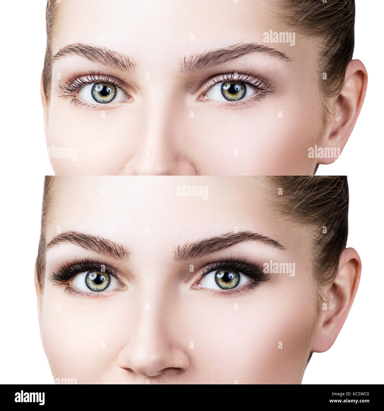 Weibliche Augen vor und nach Eyelash Extension Stockfoto