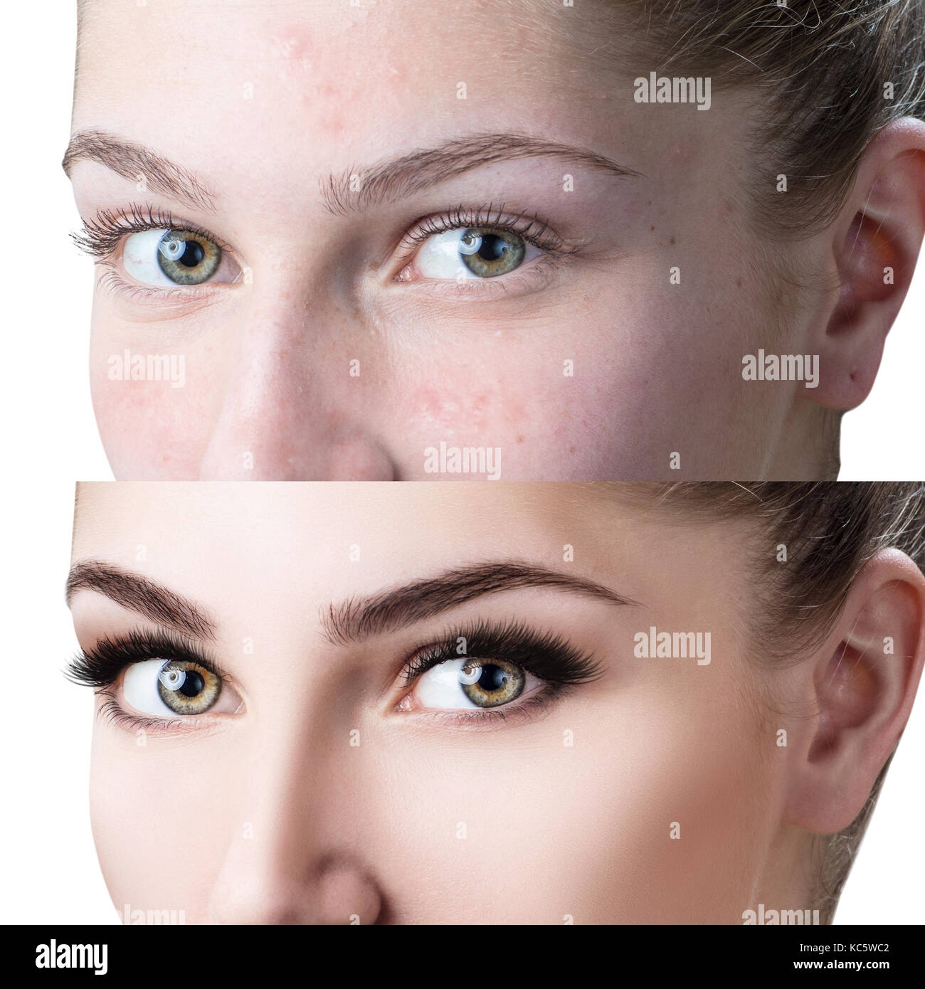 Weibliche Augen vor und nach Eyelash Extension Stockfoto
