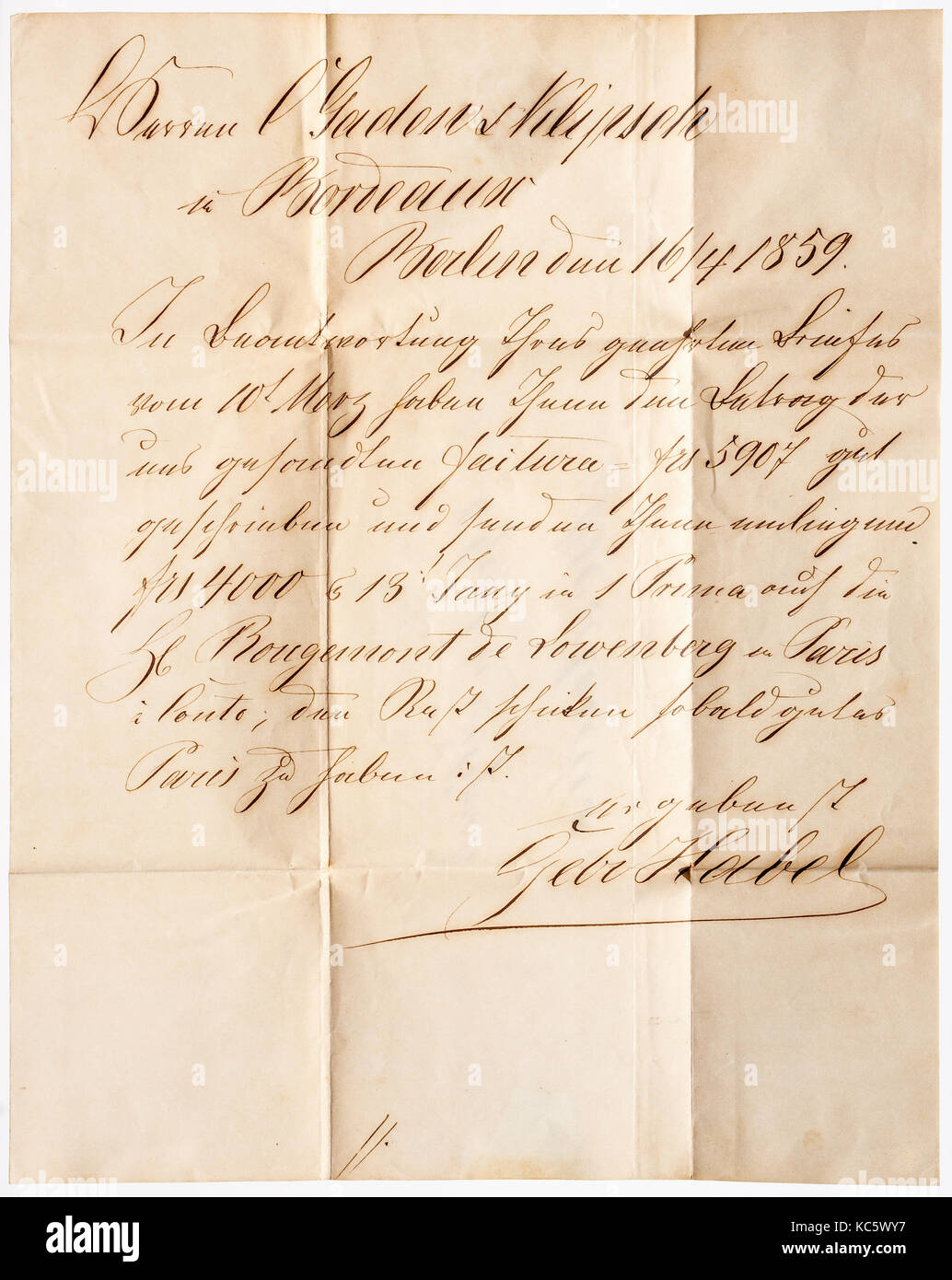 1859 gefaltetes Briefblatt von Berlin (Deutschland) nach Bordeaux, Frankreich. Stockfoto