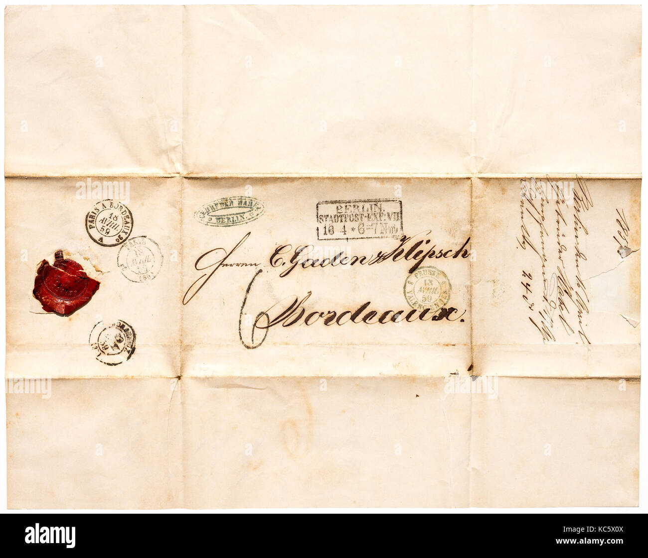 1859 gefaltetes Briefblatt von Berlin (Deutschland) nach Bordeaux, Frankreich. Stockfoto