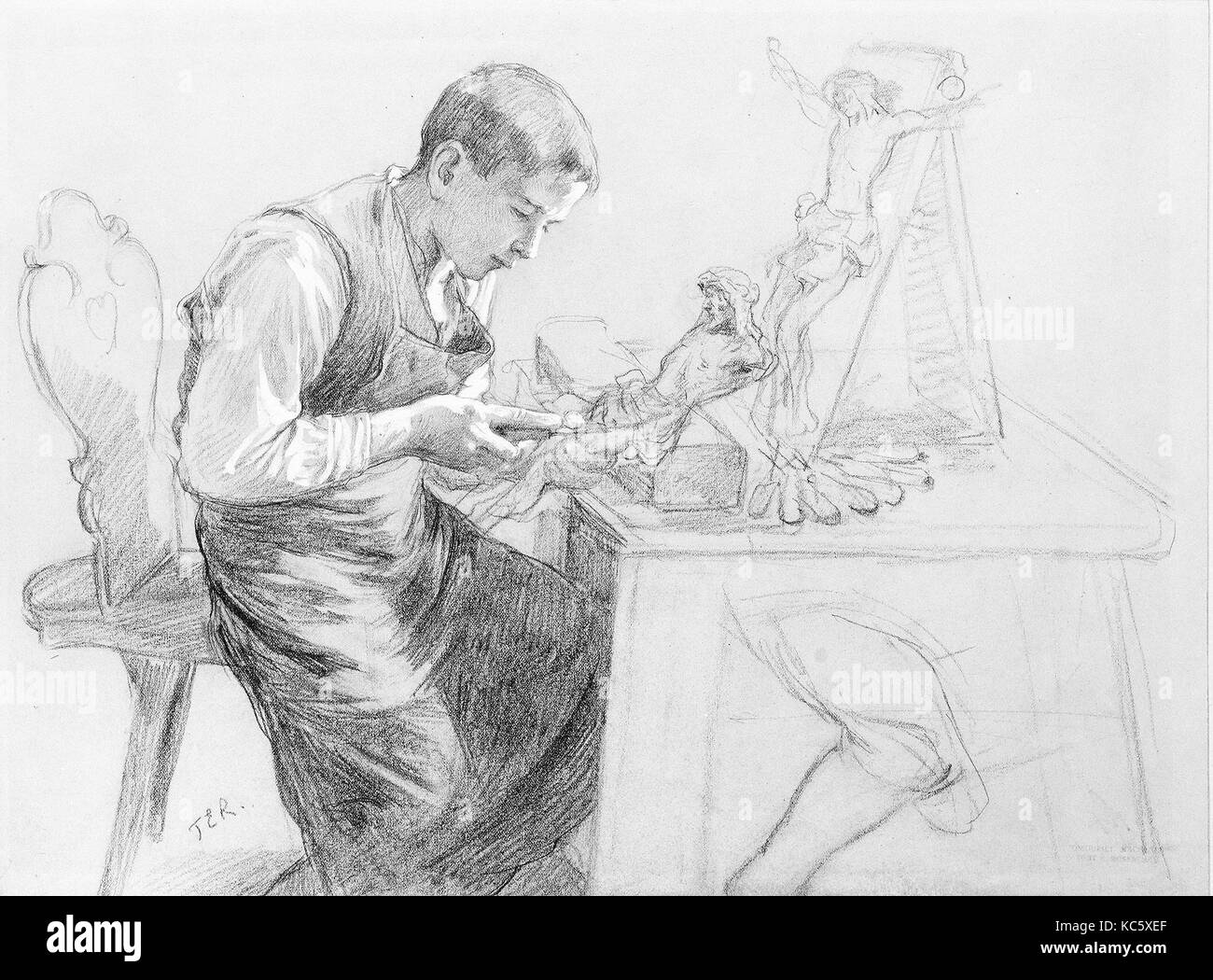Studie eines Jungen Carving ein Kruzifix, Toby E.Rosenthal, Ca. 1908 Stockfoto