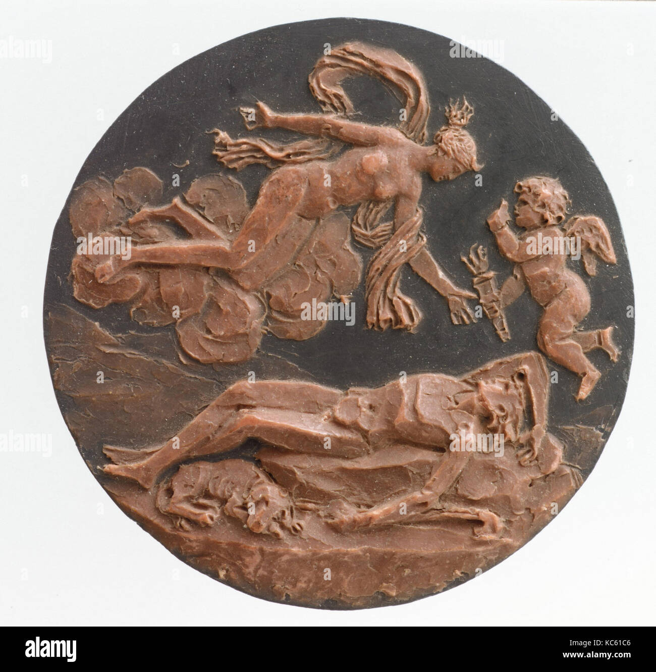 Diana und Endymion, 1800-1810, Französisch, Wachs auf Schiefer, Durchmesser: 3 3/16 in. (8.1 cm), Medaillen und Plaketten, Jacques-Edmé Dumont Stockfoto