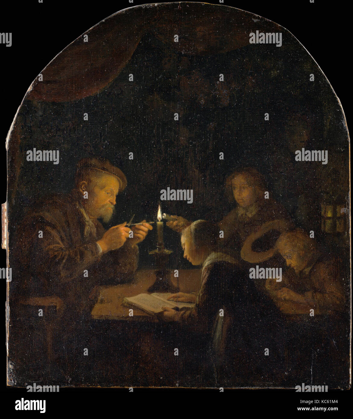 Ein Abend der Schule, Ca. 1655-57, Öl auf Holz, gewölbter Deckel, 10 x 9 in. (25,4 x 22,9 cm), Gemälde, Gerrit Dou (Niederländisch, Leiden 1613 Stockfoto