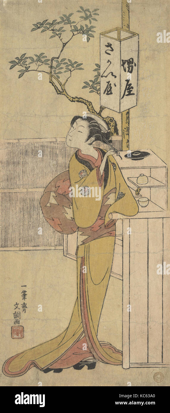Eine Kellnerin der Sakai-ya Teehaus stehen und Suchen, Ippitsusai Bunchō, Ca. 1770 Stockfoto