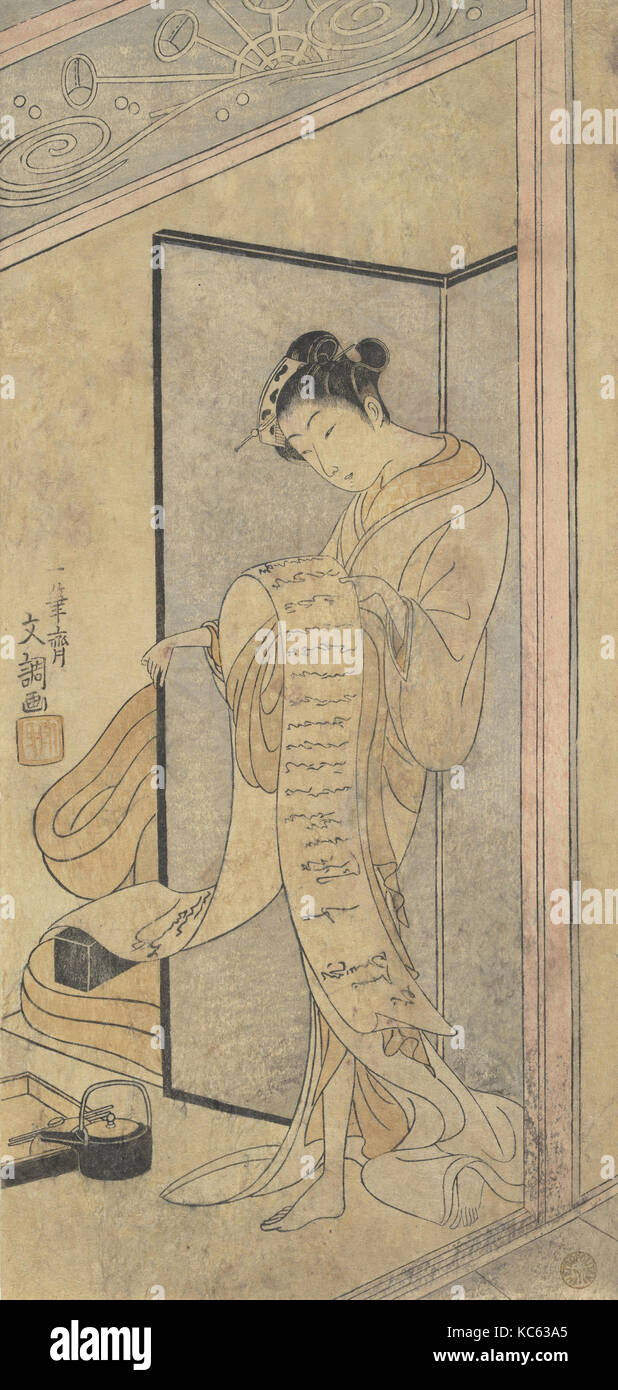 Der Oiran Hanagiku Lesen einen Liebesbrief im Stehen, Ippitsusai Bunchō, Ca. 1769 Stockfoto