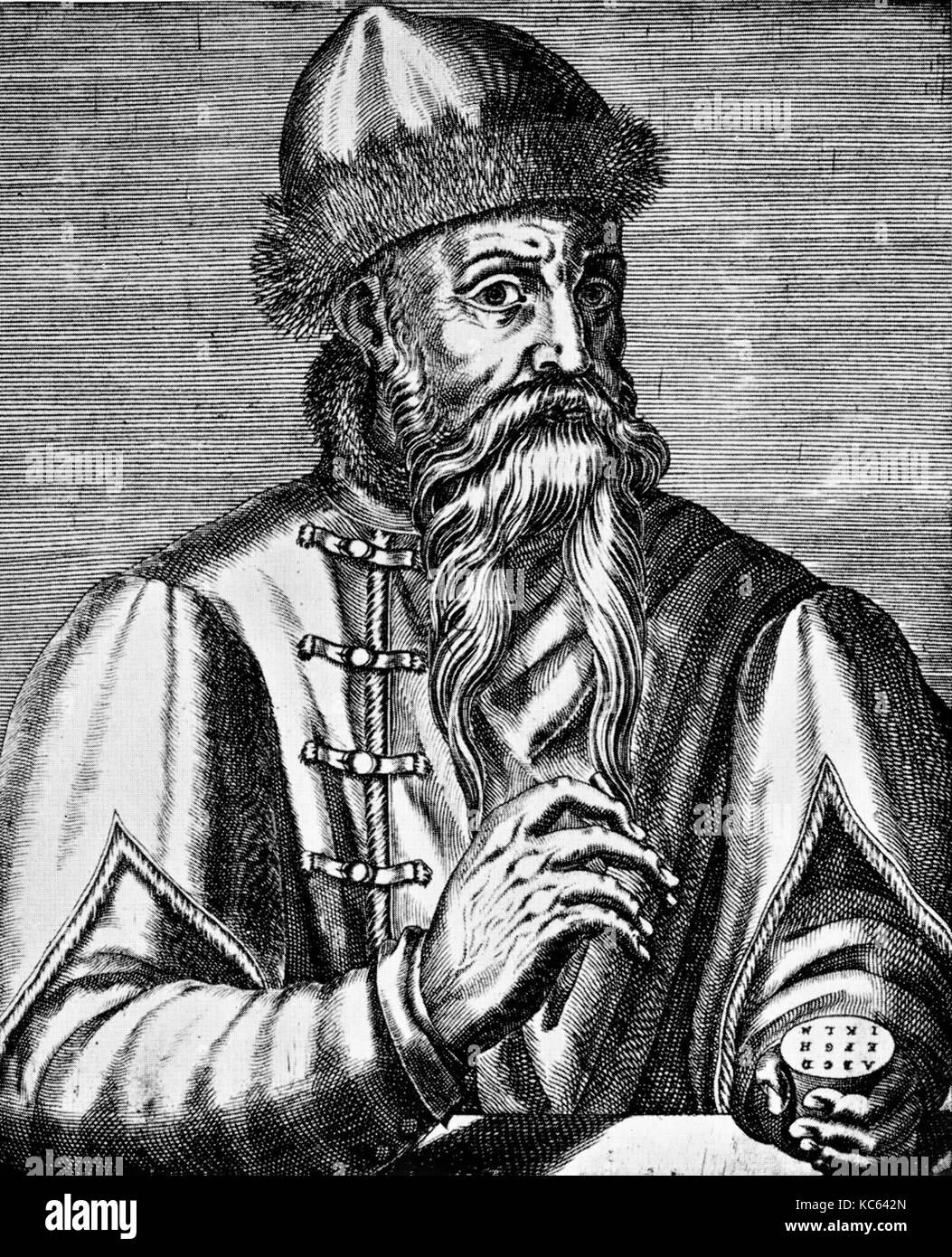 JOHANNES GUTENBERG (c) 1400-1468 deutsche Erfinder des Buchdrucks im 16. Jahrhundert Gravur Stockfoto