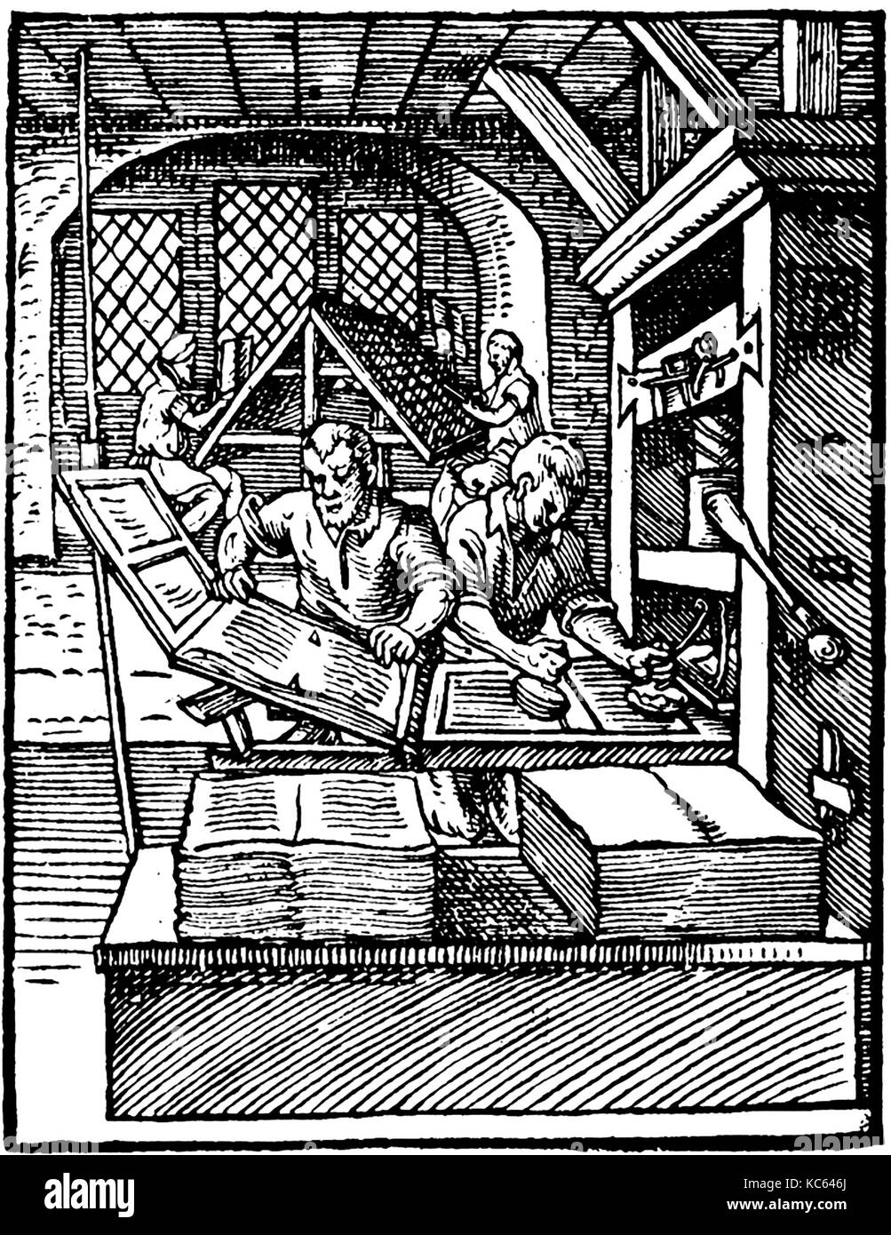 Druckmaschine von einer Gravur 1568. Stockfoto