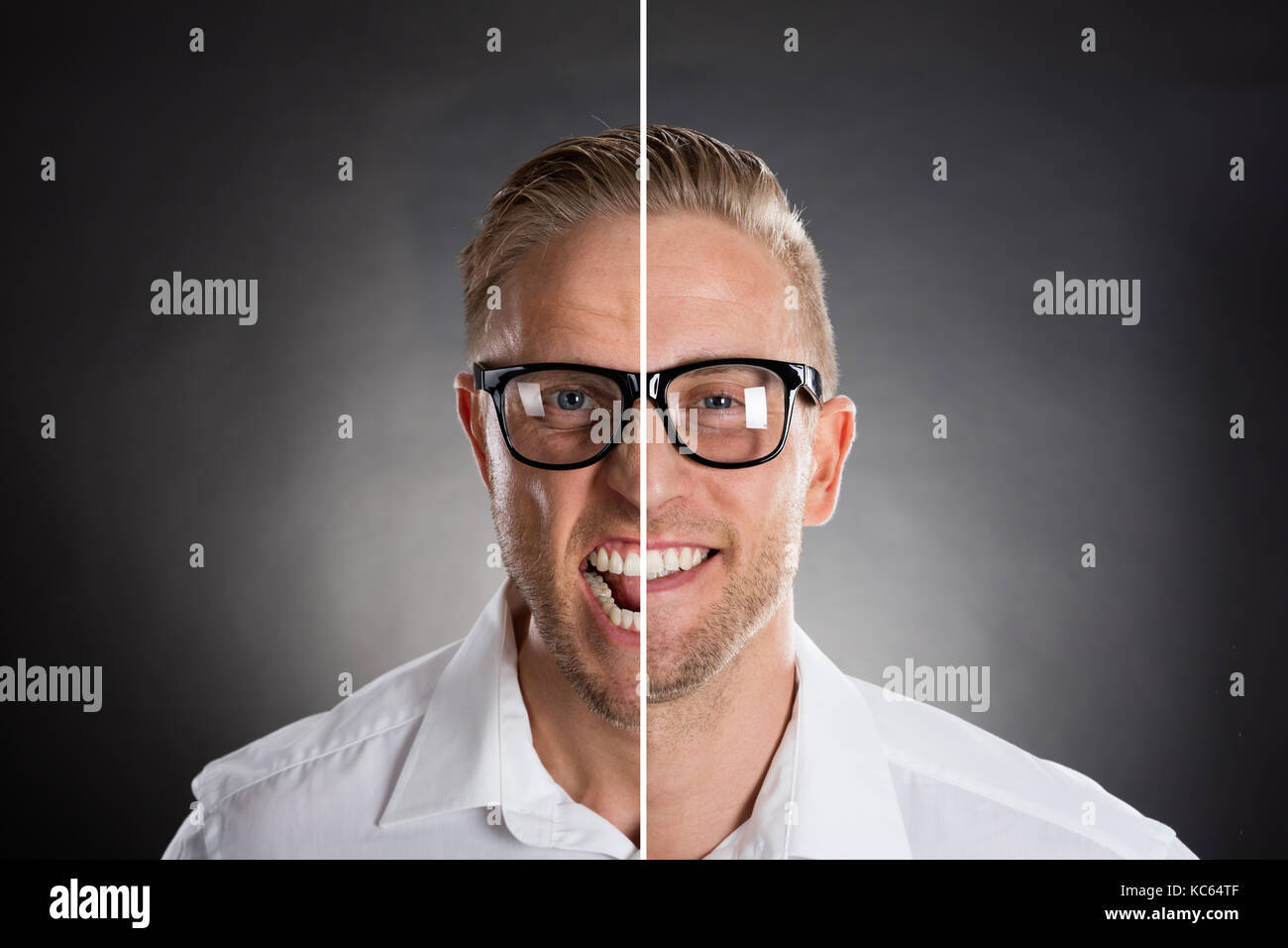 Der Mann Gesicht zeigt Zorn und glückliche Gefühle auf schwarzem Hintergrund Stockfoto