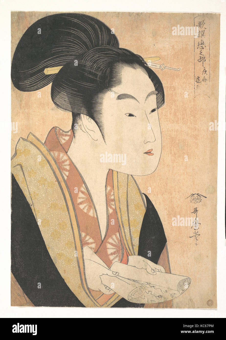 歌撰恋之部 夜毎に逢恋, eine junge Frau mit einem Brief, Kitagawa Utamaro, 1790 s Stockfoto