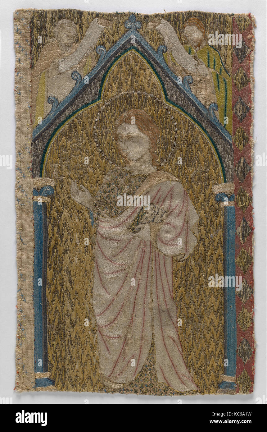 Fragment einer Orphrey, 13. Jahrhundert, Britischen, Bettwäsche, in farbige Seide und Gold thread gearbeitet, Gesamt: 9 1/4 x 5 3/4 in Stockfoto