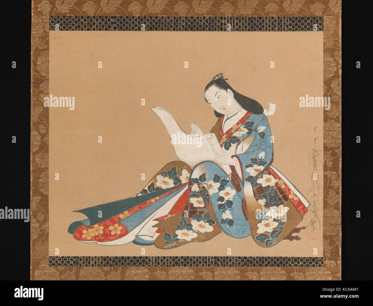 Kurtisane einen Brief schreiben, 文を書く遊女図, Edo Periode (1615 - 1868), Ca. 1715, Japan, Hängerolle, Tusche und Farben auf Papier, Bild: 19. Stockfoto