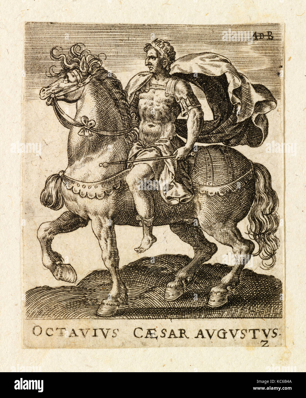 Zeichnungen und Drucke, Drucken, Octavius Augustus aus zwölf Caesars auf dem Pferderücken, Künstler, Abraham de Bruyn, Flämisch Stockfoto