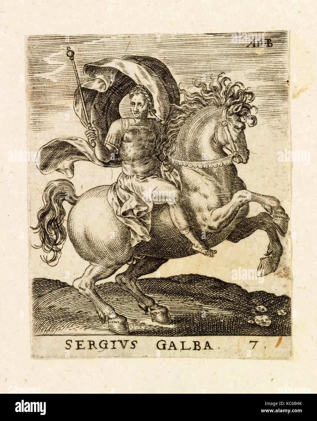 Zeichnungen und Drucke, Drucken, Sergius Galba aus zwölf Caesars auf dem Pferderücken, Künstler, Abraham de Bruyn, Flandern, Antwerpen 1540 - 1587 Stockfoto