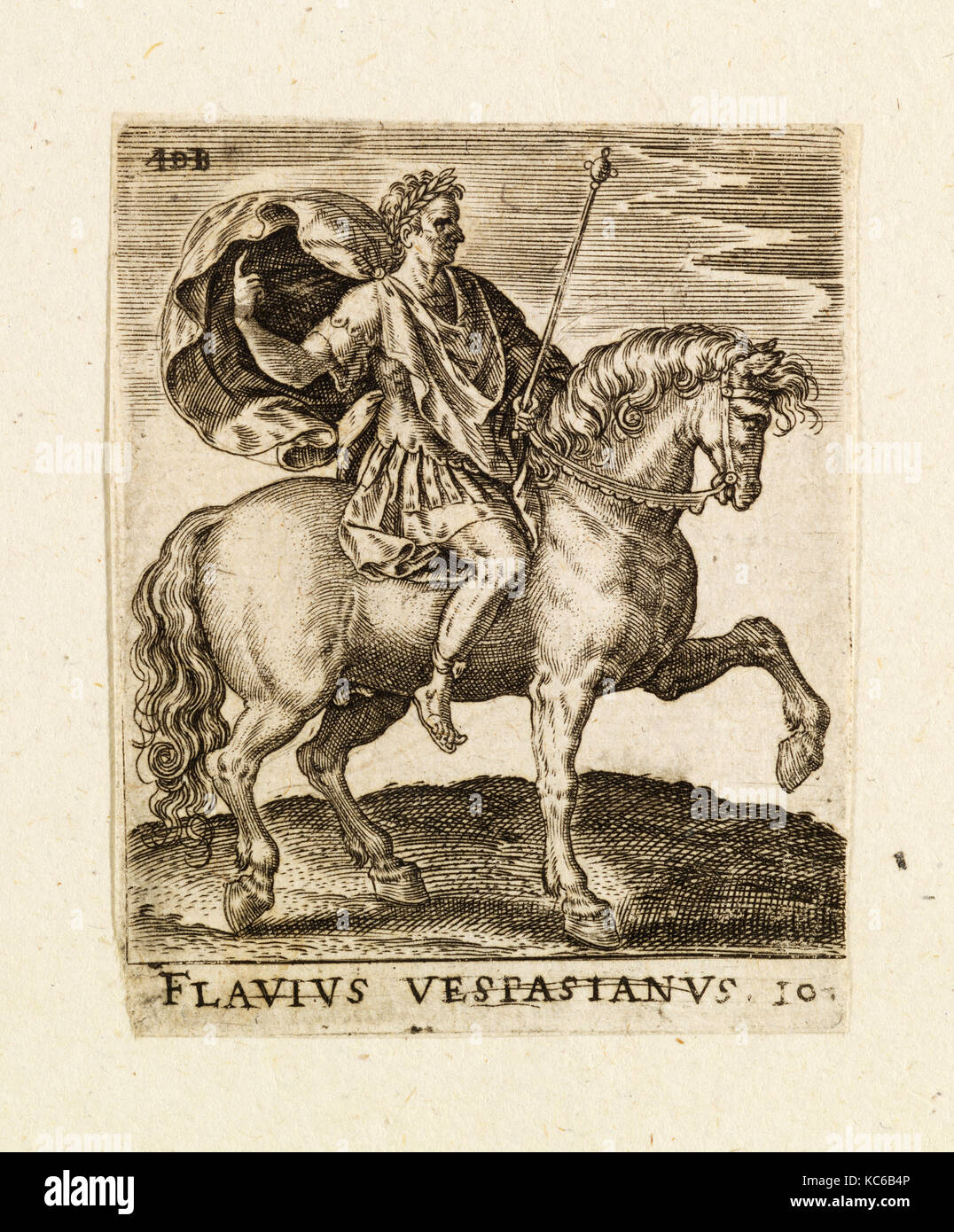 Zeichnungen und Drucke, Drucken, Flavius Vestasianus aus zwölf Caesars auf dem Pferderücken, Künstler, Abraham de Bruyn, Flandern, Antwerpen Stockfoto