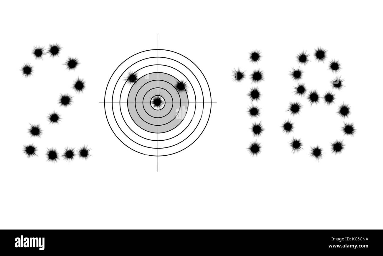 Einschusslöcher und Ziel in Form von 2018 isoliert auf weißem Stockfoto
