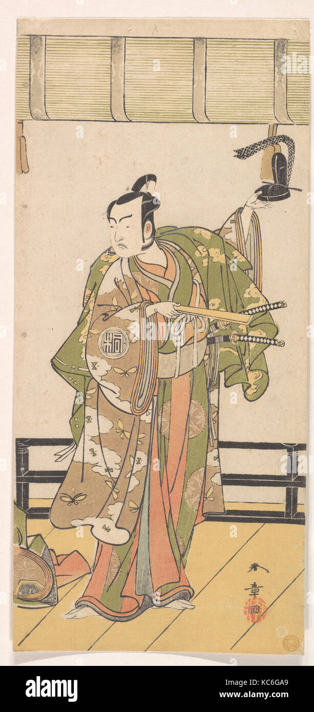 Arashi Sangoro wie ein Samurai auf der Veranda von einem großen Haus, Katsukawa Shunshō, 1774 oder 1775 Stockfoto