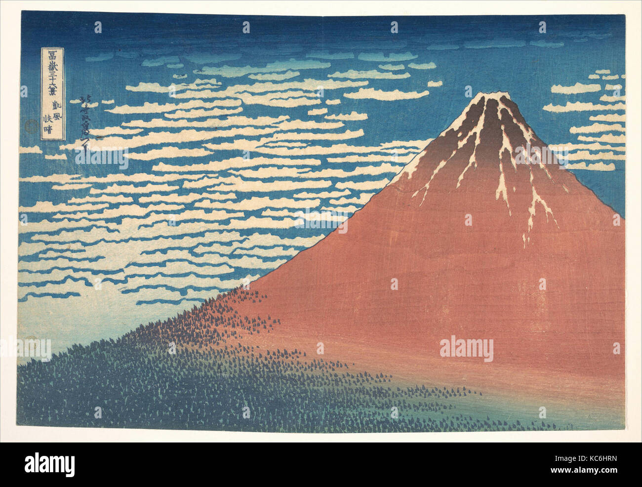 "富嶽三十六景 凱風快晴", Südwind, klaren Himmel (Gaifū kaisei), auch als Rote Fuji bekannt, aus der Serie 36 Ansichten des Berges Fuji Stockfoto