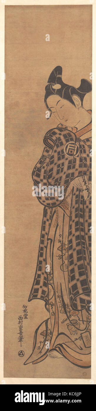 Der Schauspieler Sanogawa Ichimatsu als junger Mann mit einem gefalteten Brief, Shigenaga, Ca. 1765 Stockfoto