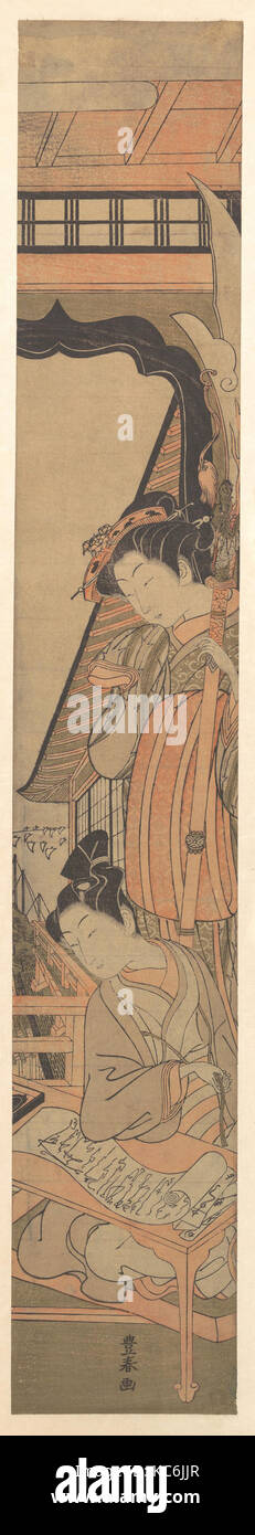 Eine Schönheit auf der Suche nach einem jungen Mann Lesen einen Liebesbrief, Utagawa Toyoharu, Ca. 1771 Stockfoto