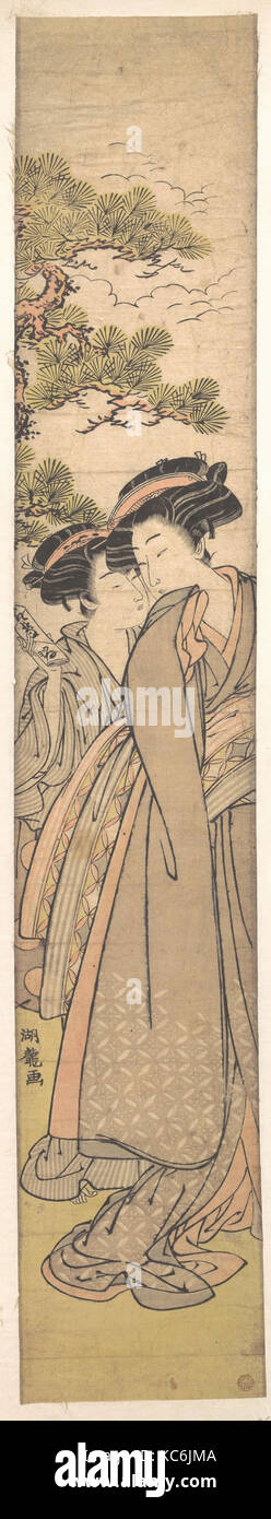 Ein Mädchen bringt eine Liebeserklärung an ein anderes Mädchen unter einem Pine-Tree, isoda Koryūsai, Ca. 1770 Stockfoto