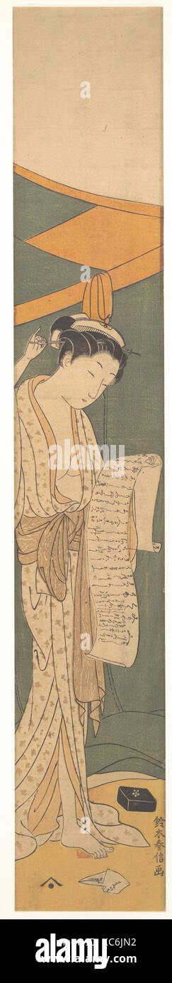 Frau in der Nacht Robe lesen einen Brief, Suzuki Harunobu, 1764-72 Stockfoto