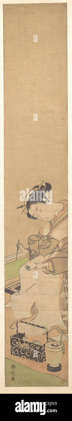 Eine Oiran sitzt auf einem Bett, einen Brief schreiben, Suzuki Harunobu, Ca. 1769 Stockfoto