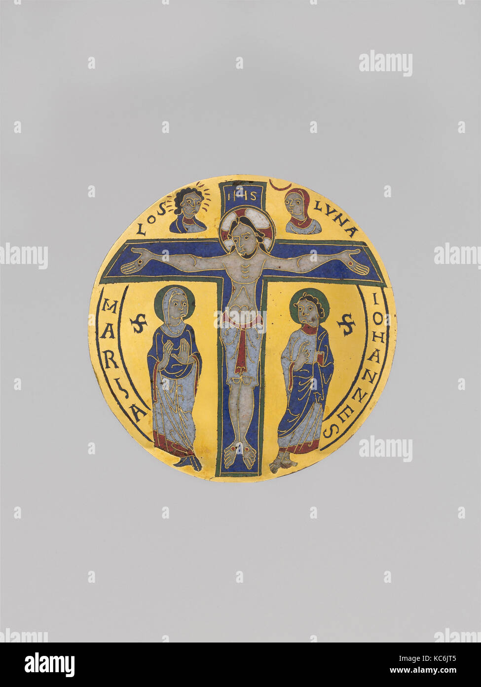 Die Kreuzigung, Ca. 1100, in Conques, Frankreich, Französisch, vergoldete Kupfer, cloisonné und Champlevé, Gesamt: 4 1/16 x 1/8 Stockfoto