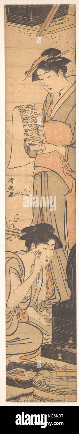 Eine Dame lesen einen Brief; Eine andere Die Ihr WC vor einem Spiegel, Torii Kiyonaga Stockfoto