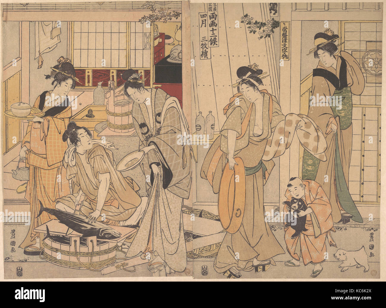 Im vierten Monat, Edo Periode (1615 - 1868), Ca. 1801, Japan, zwei Blatt ein Triptychon von polychrome Holzschnitte; Tinte und colo Stockfoto