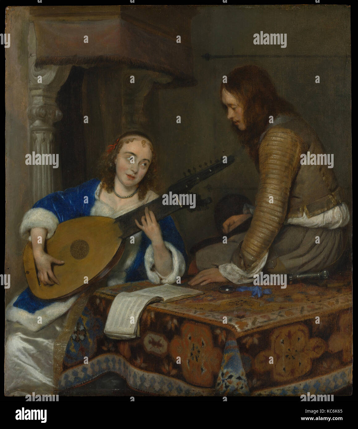 Eine Frau Spielen der Theorbo-Lute und ein Cavalier, Gerard Ter Borch, das Jüngere, Ca. 1658 Stockfoto