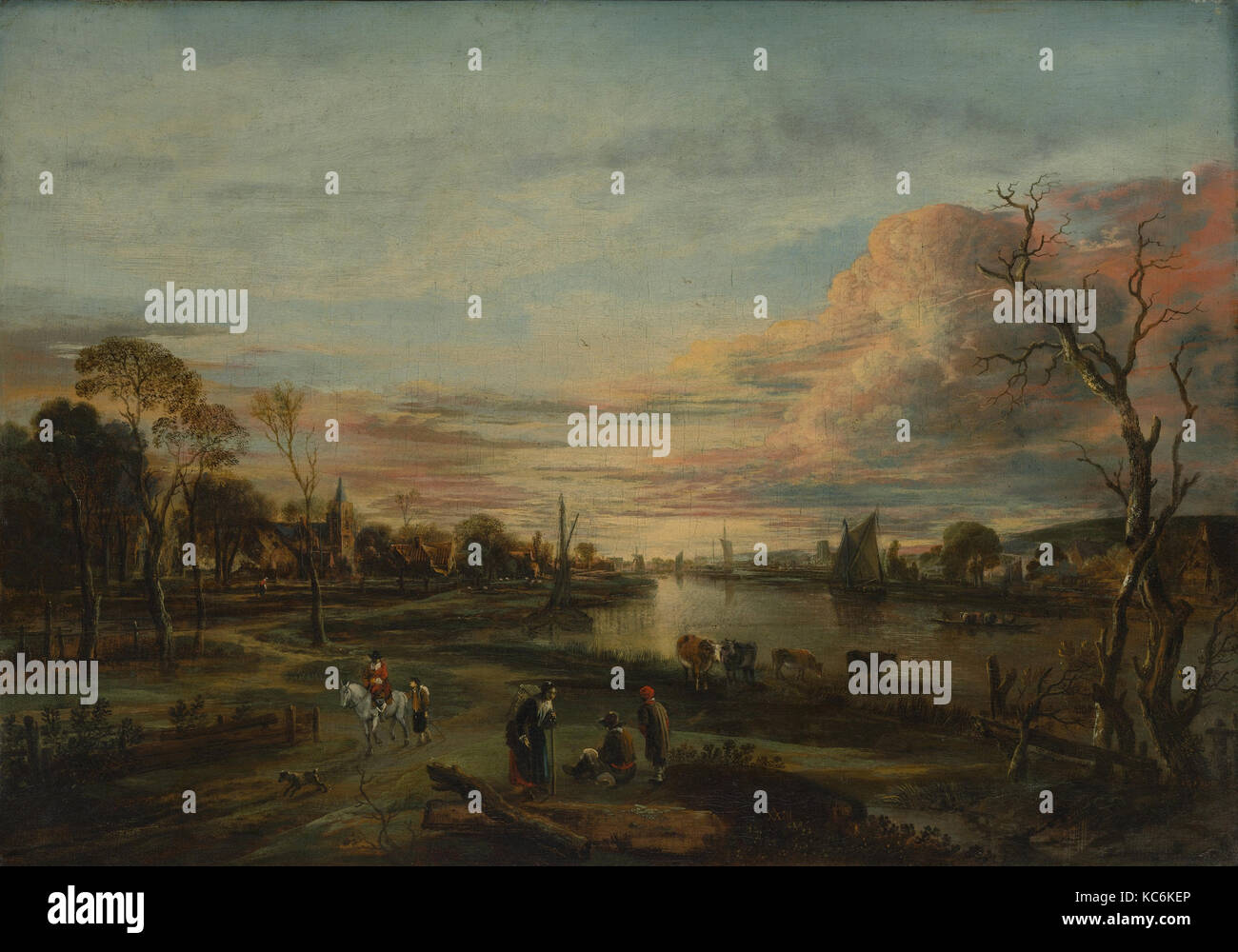 Landschaft bei Sonnenuntergang, 1650, Öl auf Leinwand, 20 x 28 cm. (50,8 x 71,4 cm), Gemälde, Aert van der Neer (Niederländisch, Gorinchem 1603 Stockfoto