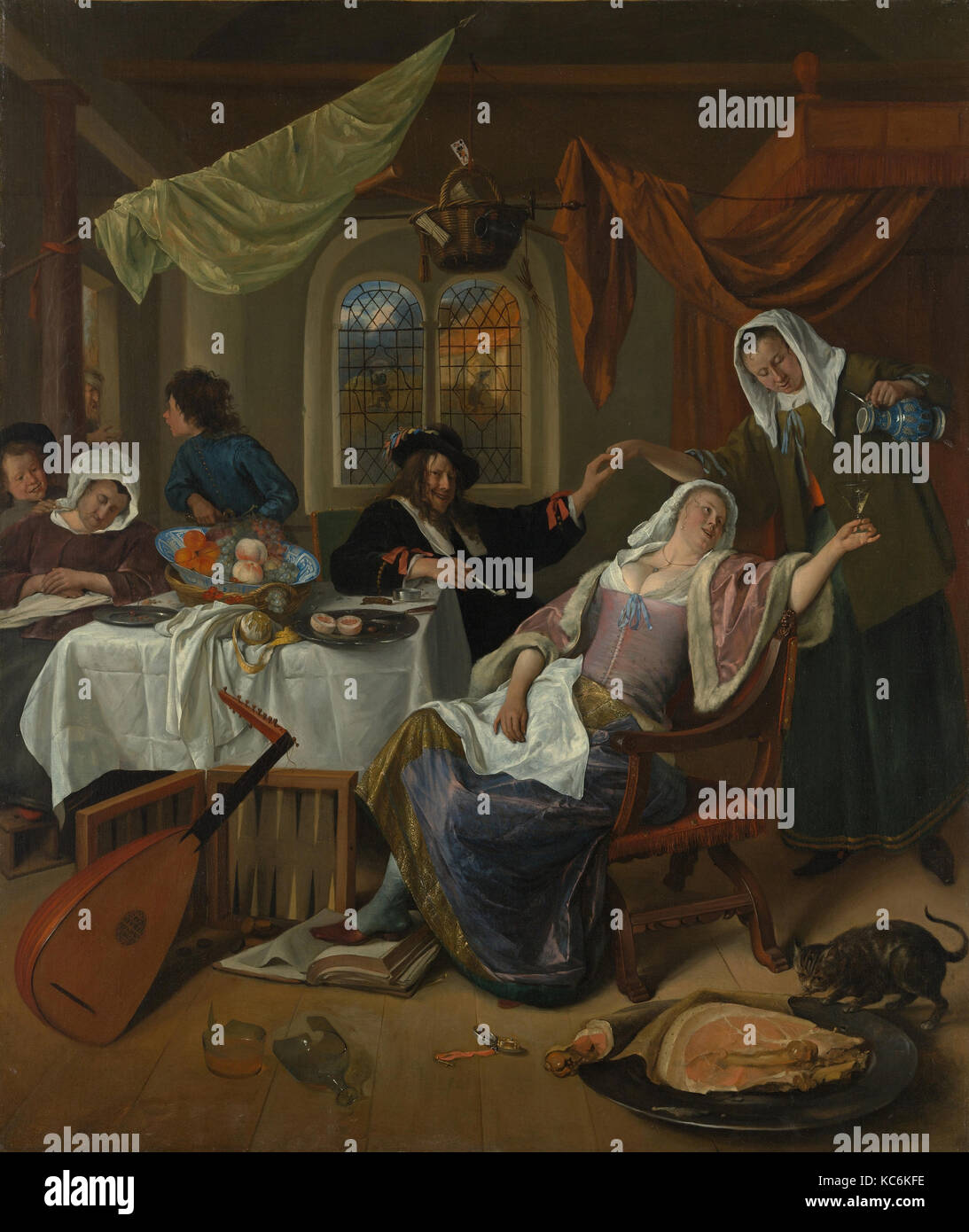 Die ausschweifende Haushalt, Ca. 1663 - 64, Öl auf Leinwand, 42 1/2 x 35 1/2 in. (108 x 90,2 cm), Gemälde, Jan Steen (Niederländisch, Leiden Stockfoto