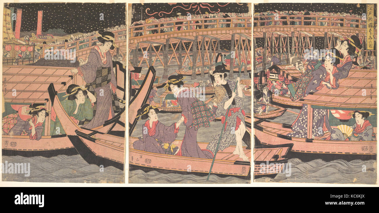 Cooling off in Ryogoku in Edo, Edo Periode (1615 - 1868), Japan, Triptychon von polychrome Holzschnitte; Tinte und Farbe auf Papier, 1. Stockfoto