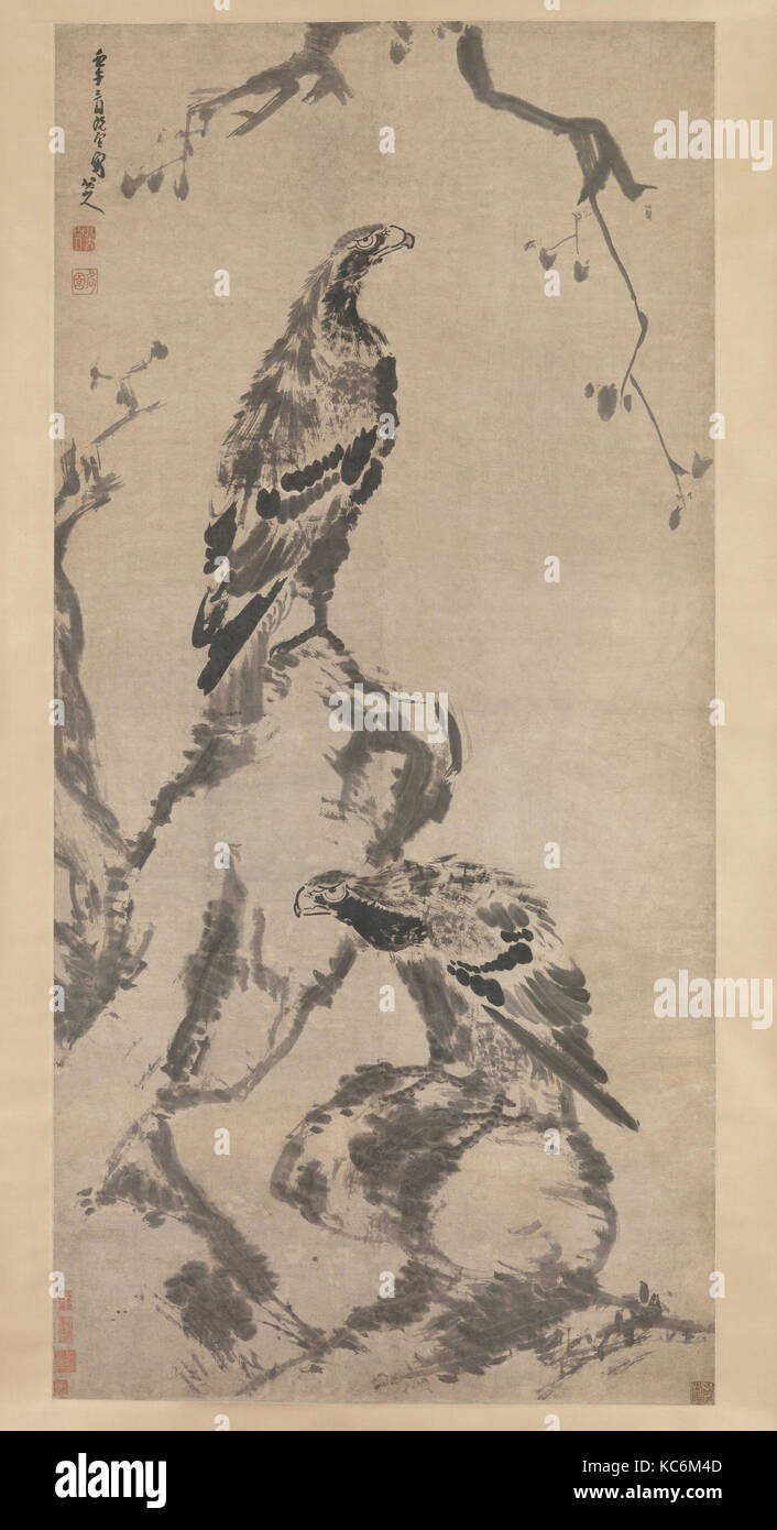 (八大山人 朱耷 清) 二鷹圖 軸, zwei Adler, Bada Shanren, datiert 1702 Stockfoto