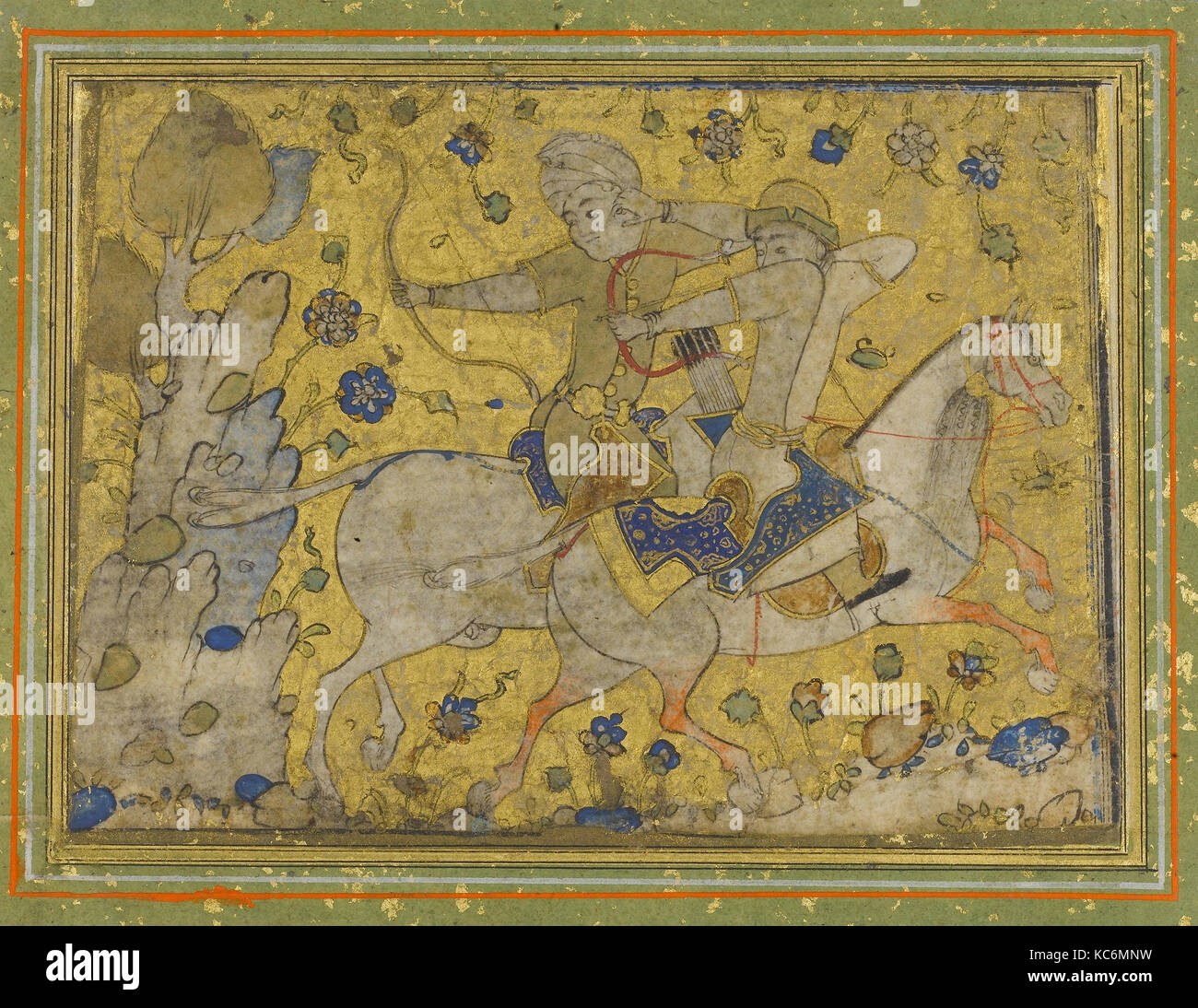 Zwei Krieger, Mitte des 16. Jahrhunderts, in den Iran, Tusche, Aquarell zugeschrieben, opak Aquarell, und Gold auf Papier, H.3 3/4 in Stockfoto