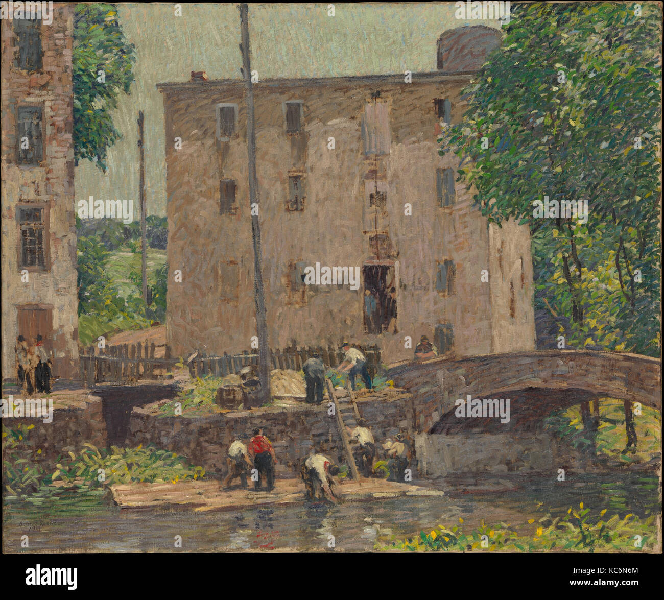 Instandsetzung der Brücke, 1913, Öl auf Leinwand, 29 7/8 x 35 5/8 in. (75,9 x 90,5 cm), Gemälde, Robert Spencer (Amerikanische, Harvard Stockfoto