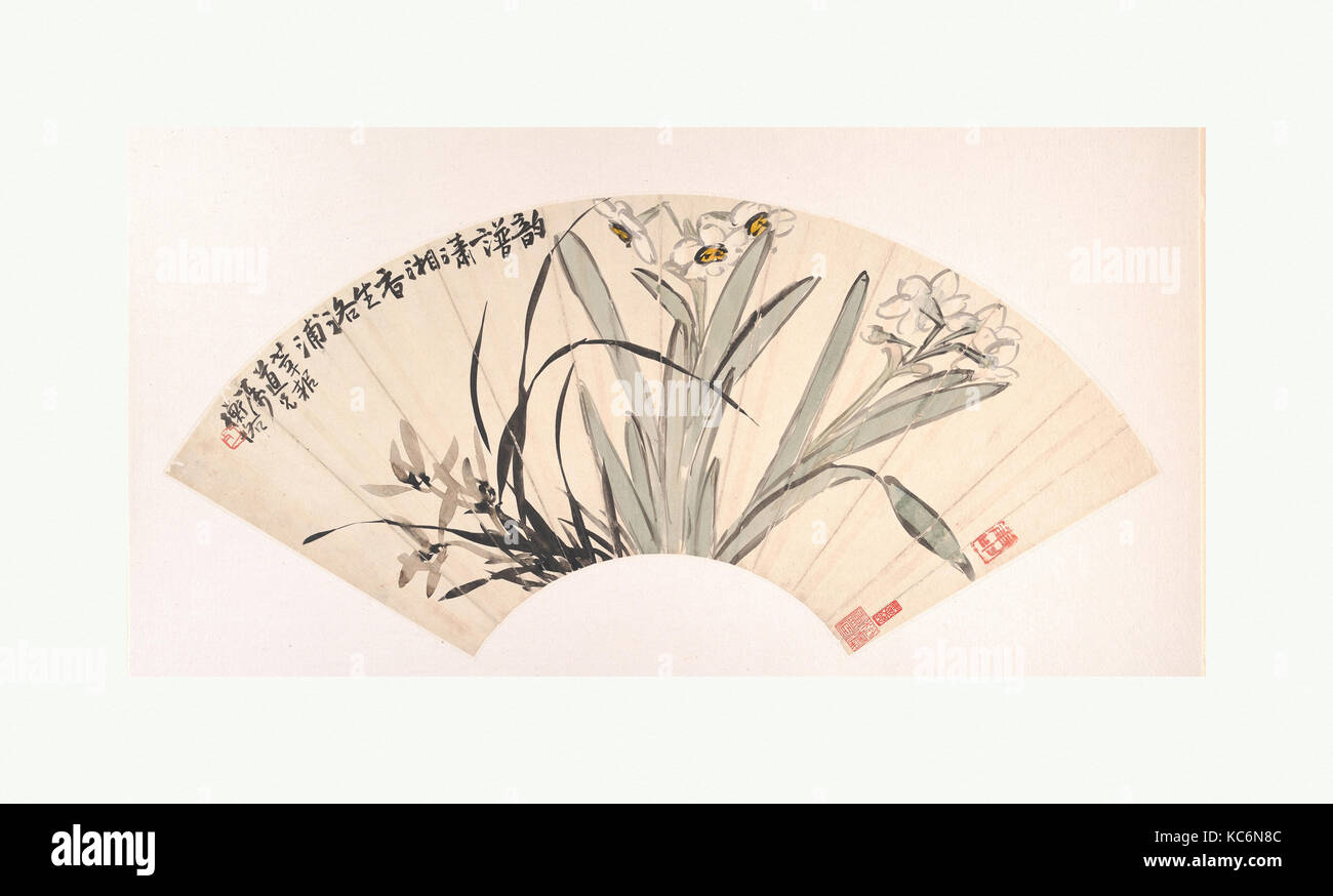 近代 陳衡恪 水仙蘭花 扇面, Narzissen und Orchidee, Chen Hengke, datiert 1920 Stockfoto