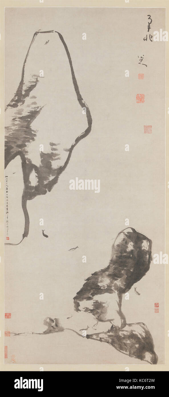 清 八大山人 朱耷） （魚石圖 軸, Fisch und Felsen, Bada, datiert 1699 Shanren Stockfoto