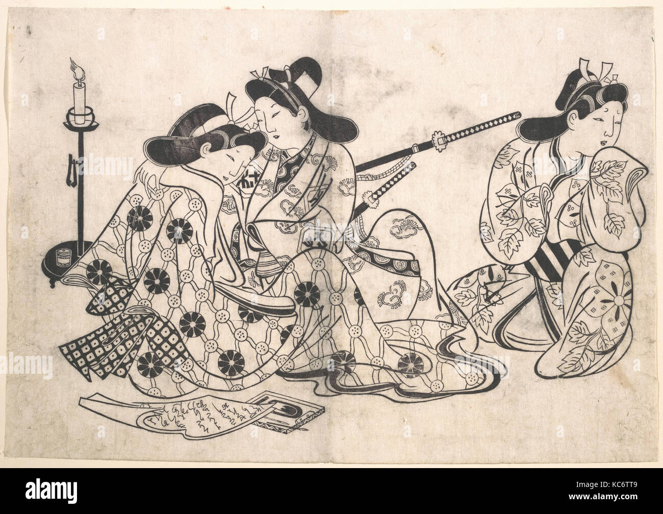 Samurai und Kurtisane sitzt; ein Diener neben Ihnen, Jihei Sugimura Masataka, Ca. 1685 Stockfoto