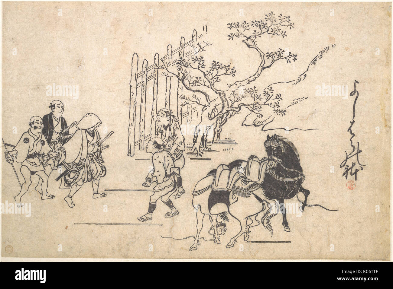 Zwei jungen Samurai, Edo Periode (1615 - 1868), Ca. 1680, Japan, Polychrome Holzschnitt; Tinte und Farbe auf Papier, 10 1/8 x 15 1/5 Stockfoto